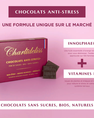 Chocolats anti-stress naturels puissants. Une formule unique sur le marché à base d'huile essentielle d'orange douce citrus sinensis qui fait partie des meilleures huiles essentielles destressantes du marché et avec des vitamines naturelles du groupe B pour apaiser le système nerveux. Un chocolat artisanal bio. Il est sans sucre ce qui en fait le chocolat pour diabétique idéal et le meilleur chocolat pour maigrir.