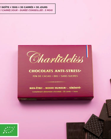 Coffret de chocolats anti-stress naturels puissants. Complément alimentaire pour le stress et stabilisateur d'humeur naturel. 1 boîte de chocolat correspond à 30 carrés de chocolat. La posologie est de 1 carreau de chocolat  par jour pendant 30 jours. La durée conseillée est de 3 mois. Fabriqué par un artisan chocolatier bio.